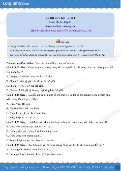 Đề thi học kì 1 Địa lí 11 - Đề số 3